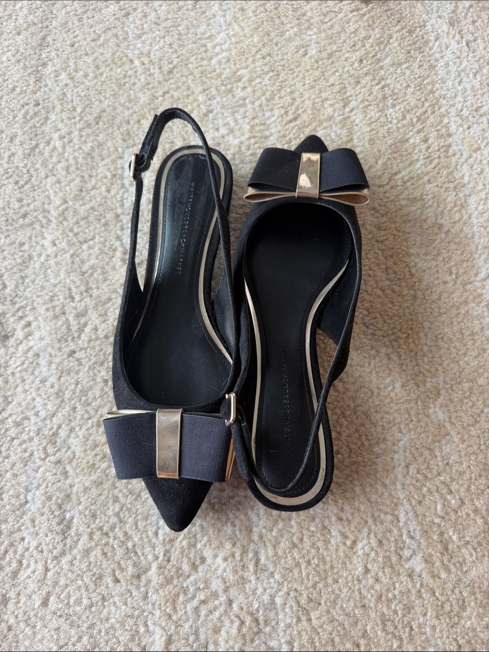 White House Black Market Black Pointed Slingback Flats with Bow Accent